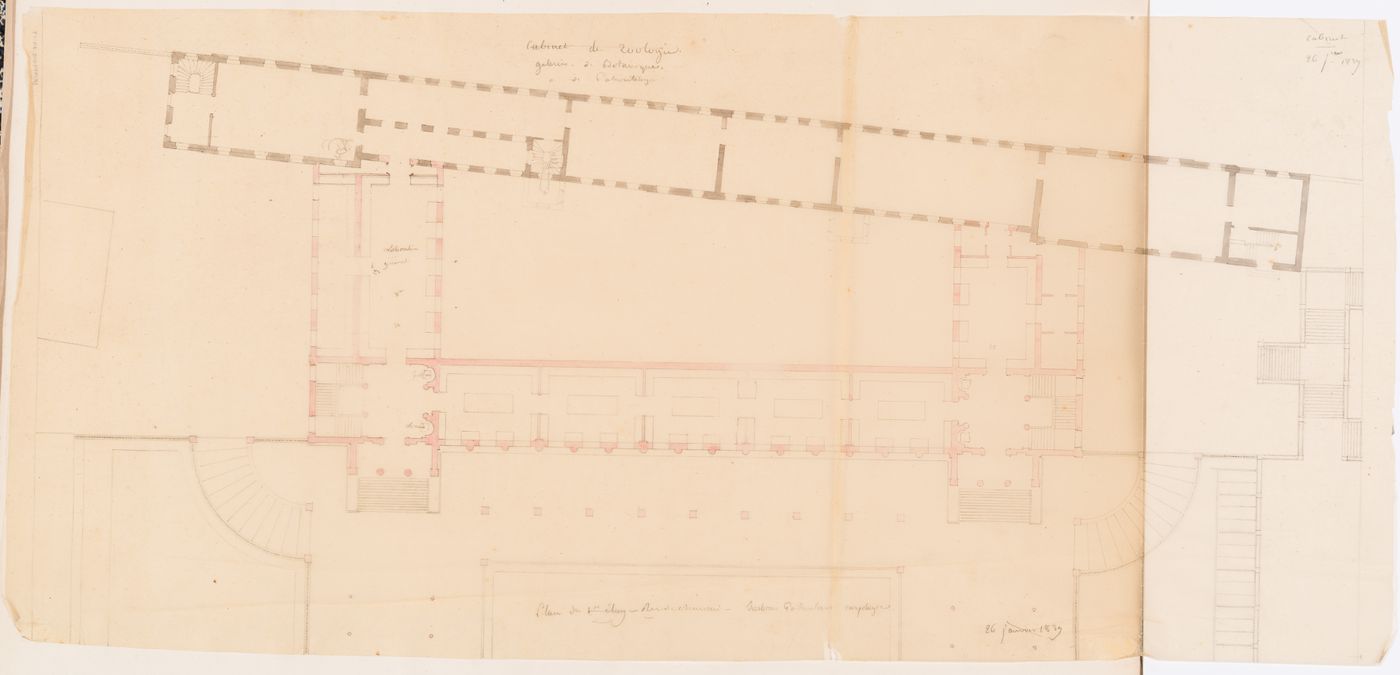 Project for a Galerie de botanique et de paléontologie, 1839: Plans for the first and ground floors