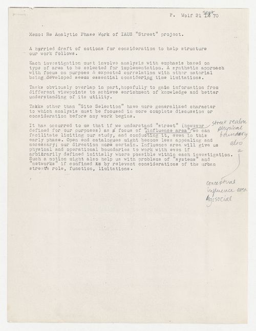 Memorandum from Peter Wolf about the analytic phase work for IAUS Street Project