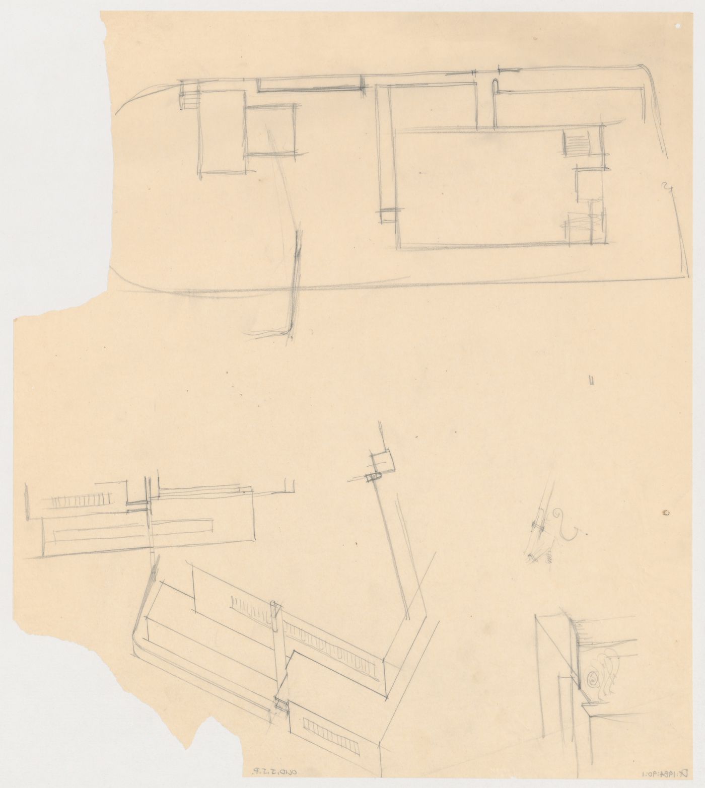 Partial sketch elevation, sketch plan and partial axonometrics for the church for Kiefhoek Housing Estate, Rotterdam, Netherlands
