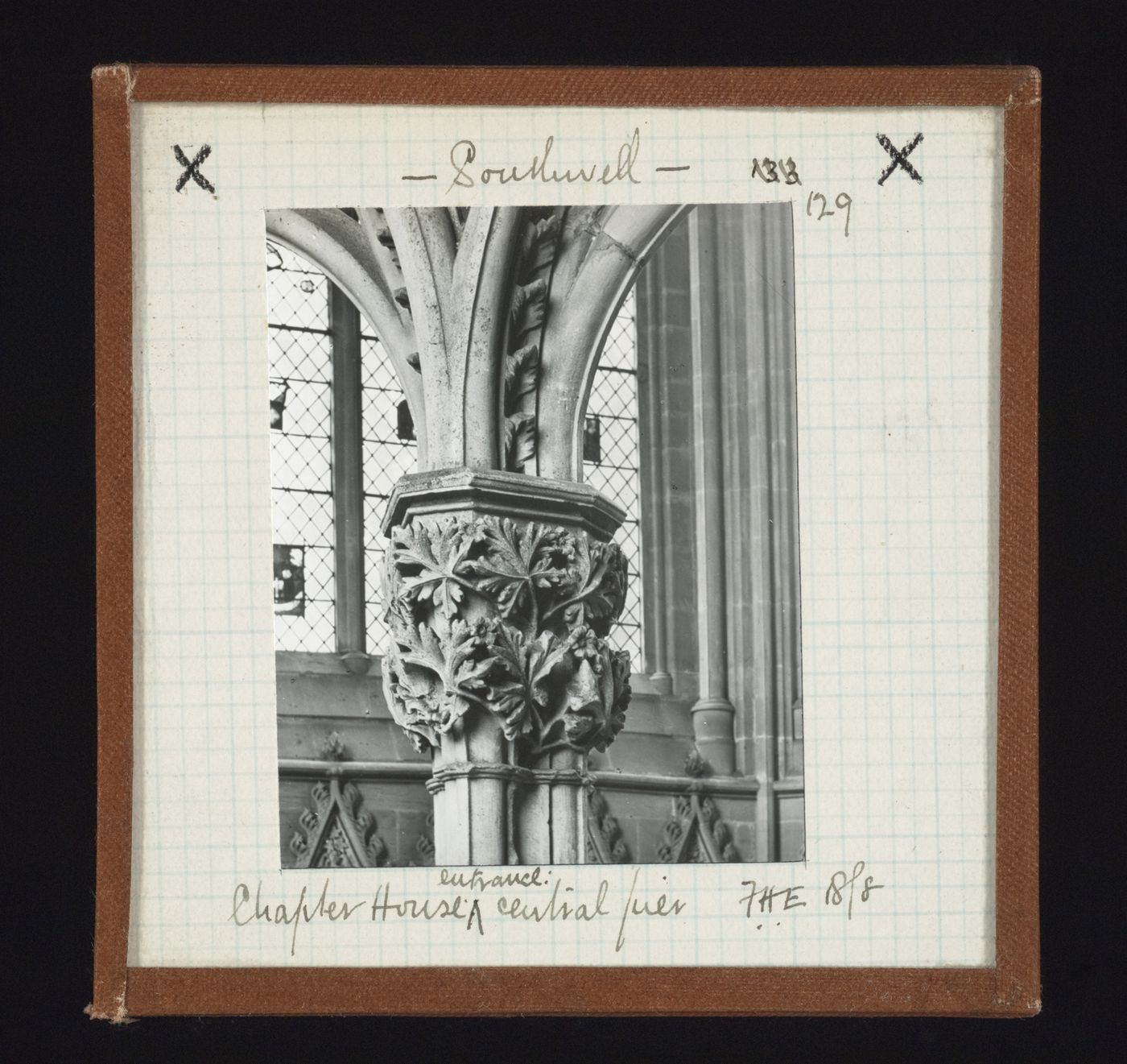 Detail view of central pier of entrance of Chapter House, Southwell Minster, Southwell, Nottinghamshire, England