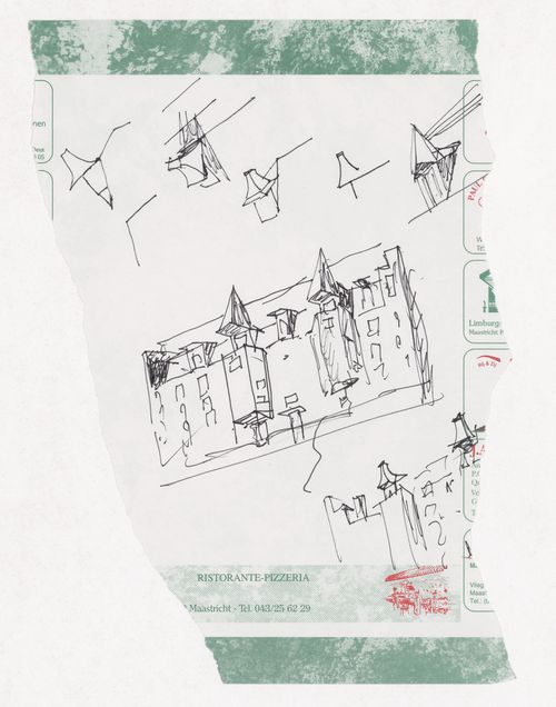 Sketch elevations and facade details for Ceramique Terrein Blocos de habitação e escritórios, Maastrich, the Netherlands