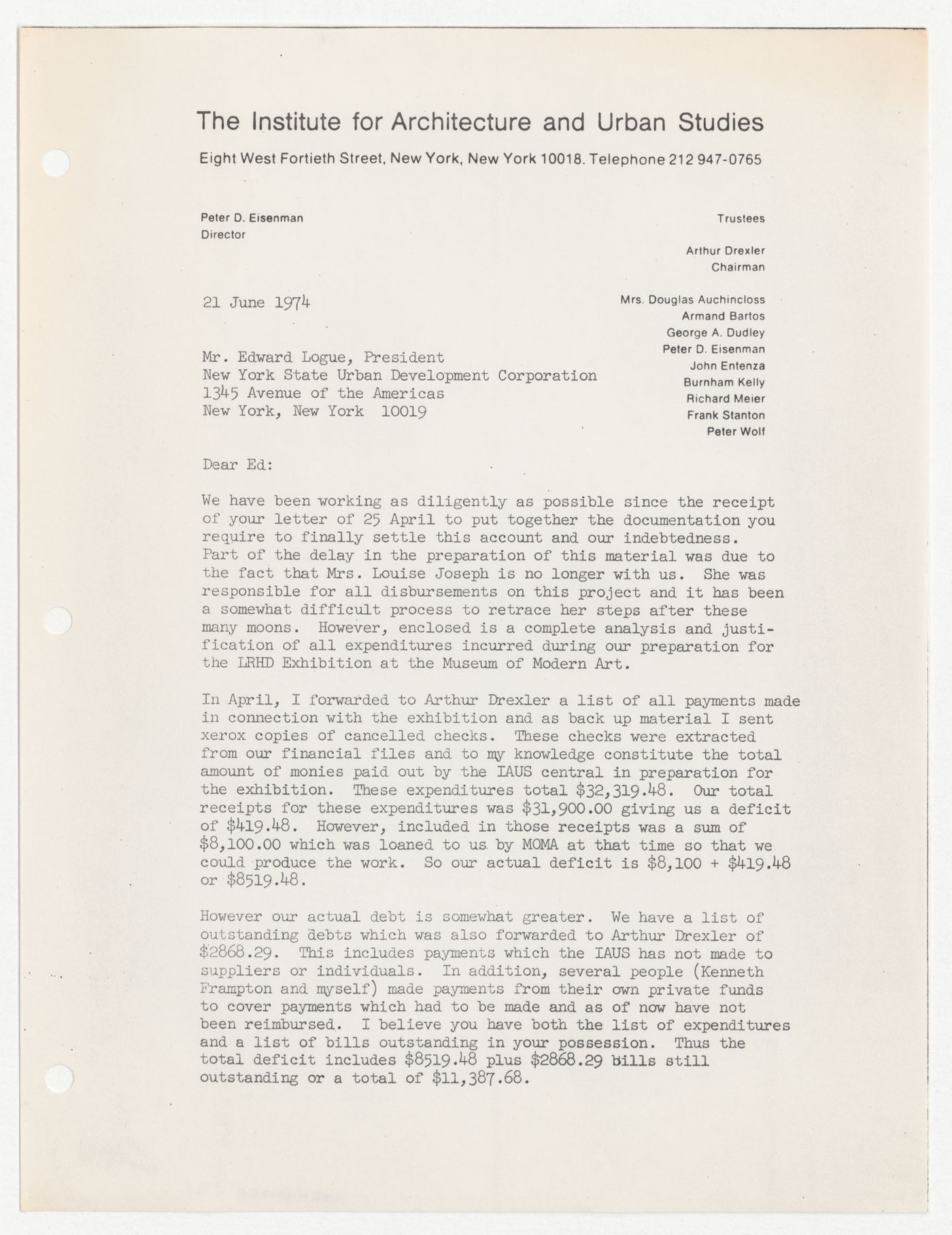 Letter from Peter D. Eisenman to Edward J. Logue about IAUS debts