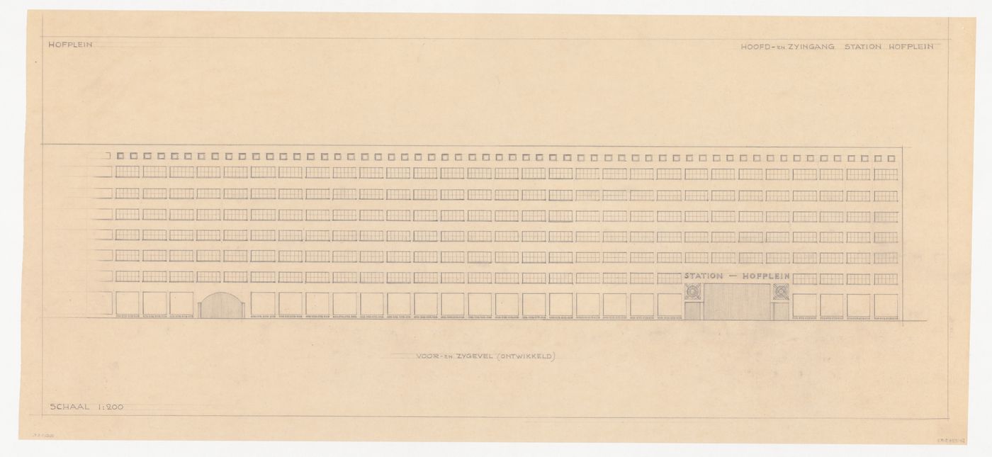 Principal and lateral elevation for a model for a mixed-use development for the reconstruction of the Hofplein (city centre), Rotterdam, Netherlands