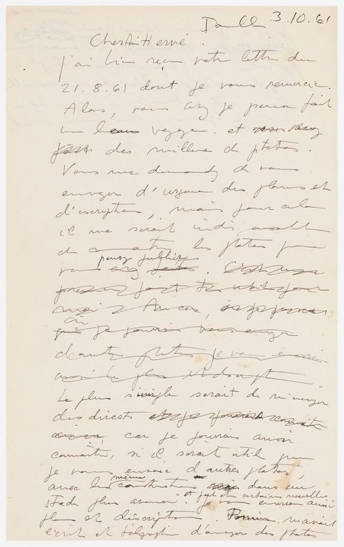 Brouillon d'une lettre de Pierre Jeanneret à Lucien Hervé