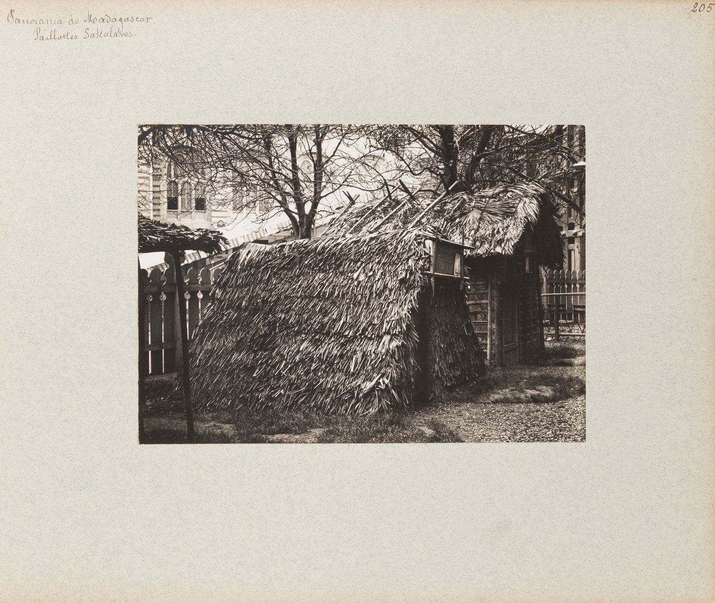 View of Sakalava houses on grounds of Pavillon de Madagascar, Exposition universelle, 1900, Paris, France