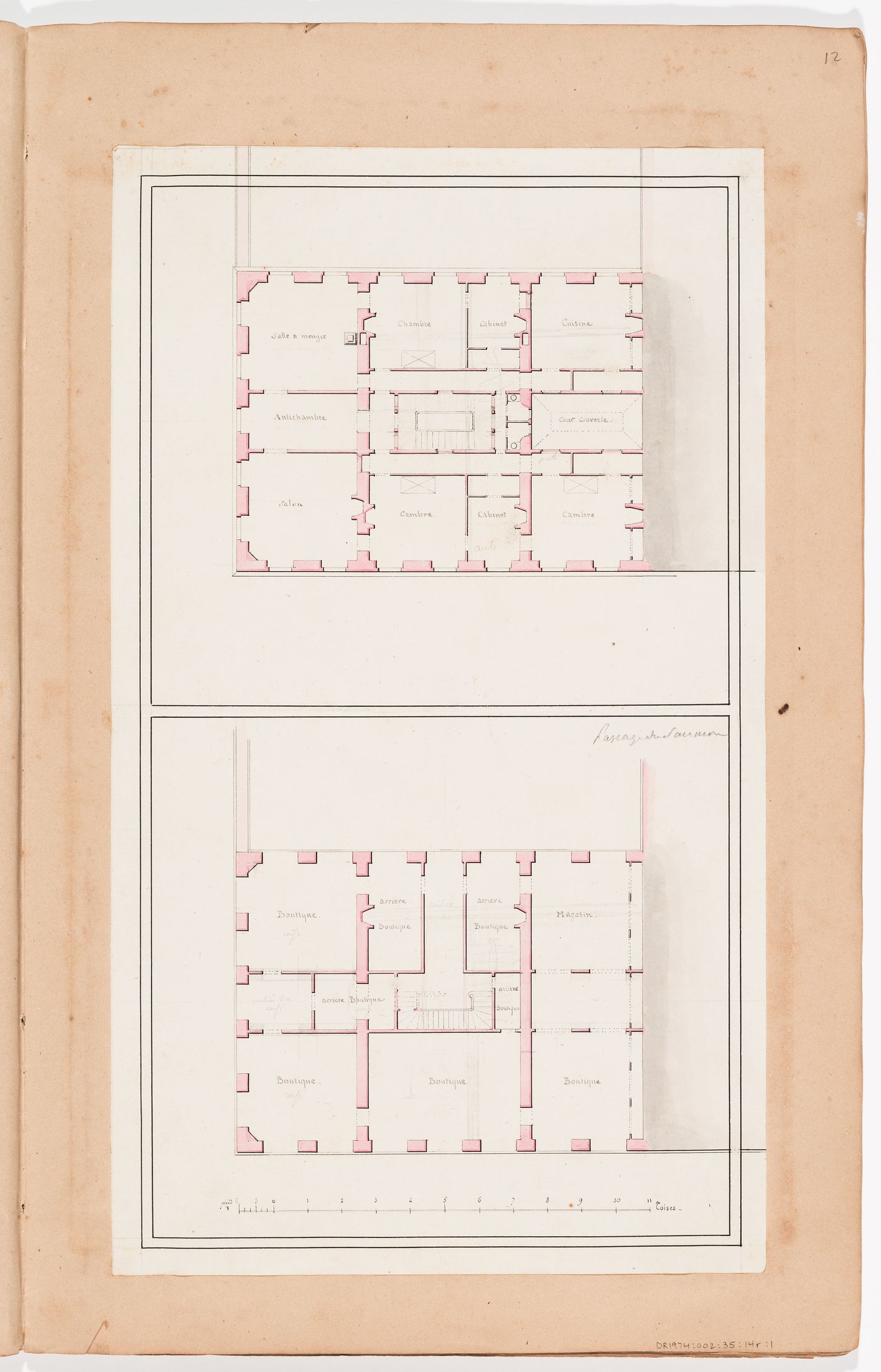 Ground and first floor plans for part of the Passage du saumon; verso: Sketch plan and elevation for a country house