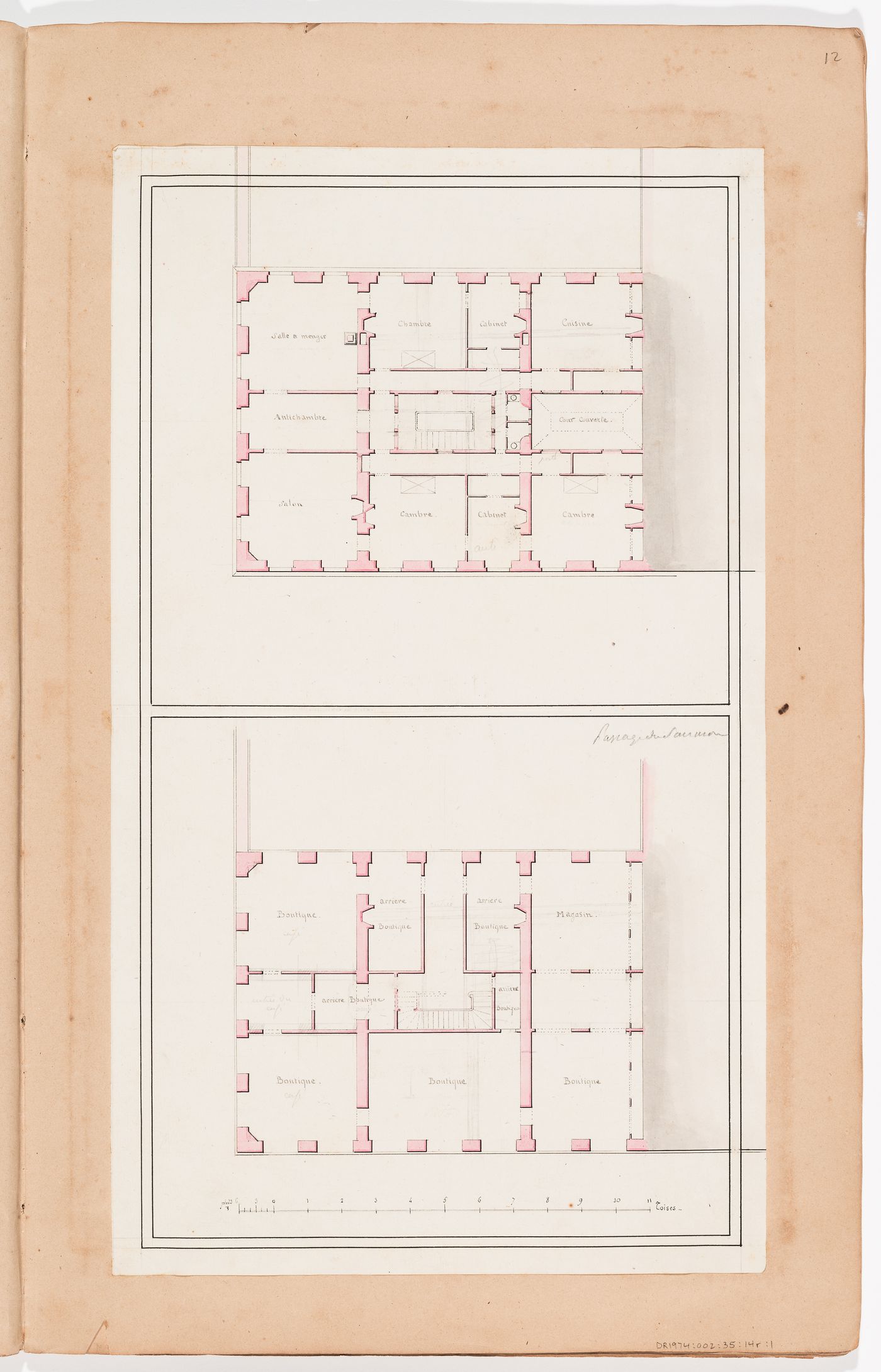 Ground and first floor plans for part of the Passage du saumon; verso: Sketch plan and elevation for a country house