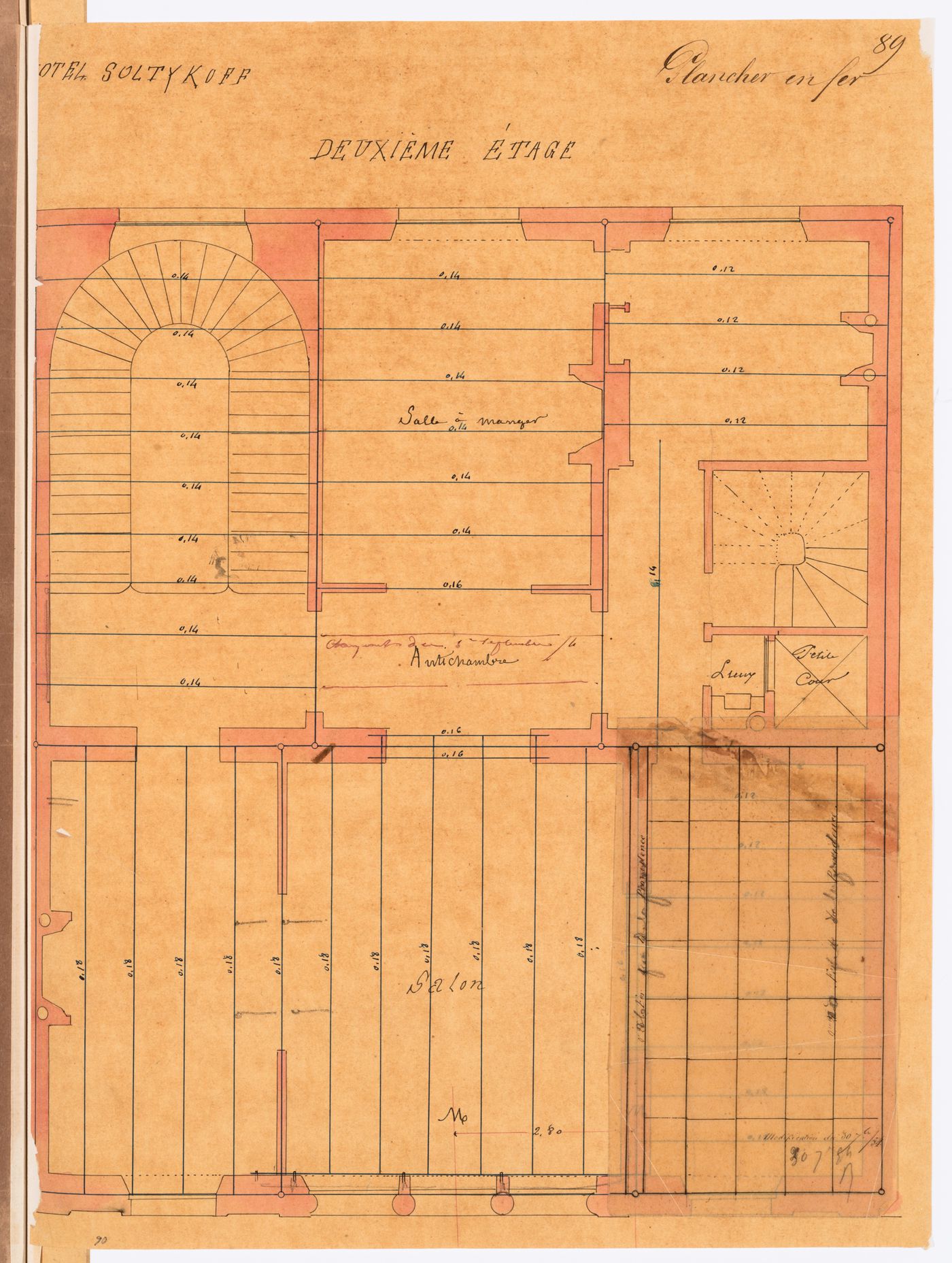 Second floor plan indicating the location of iron beams, Hôtel Soltykoff