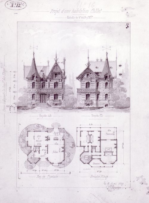 Plans and elevations for a house in an eclectic mix of styles