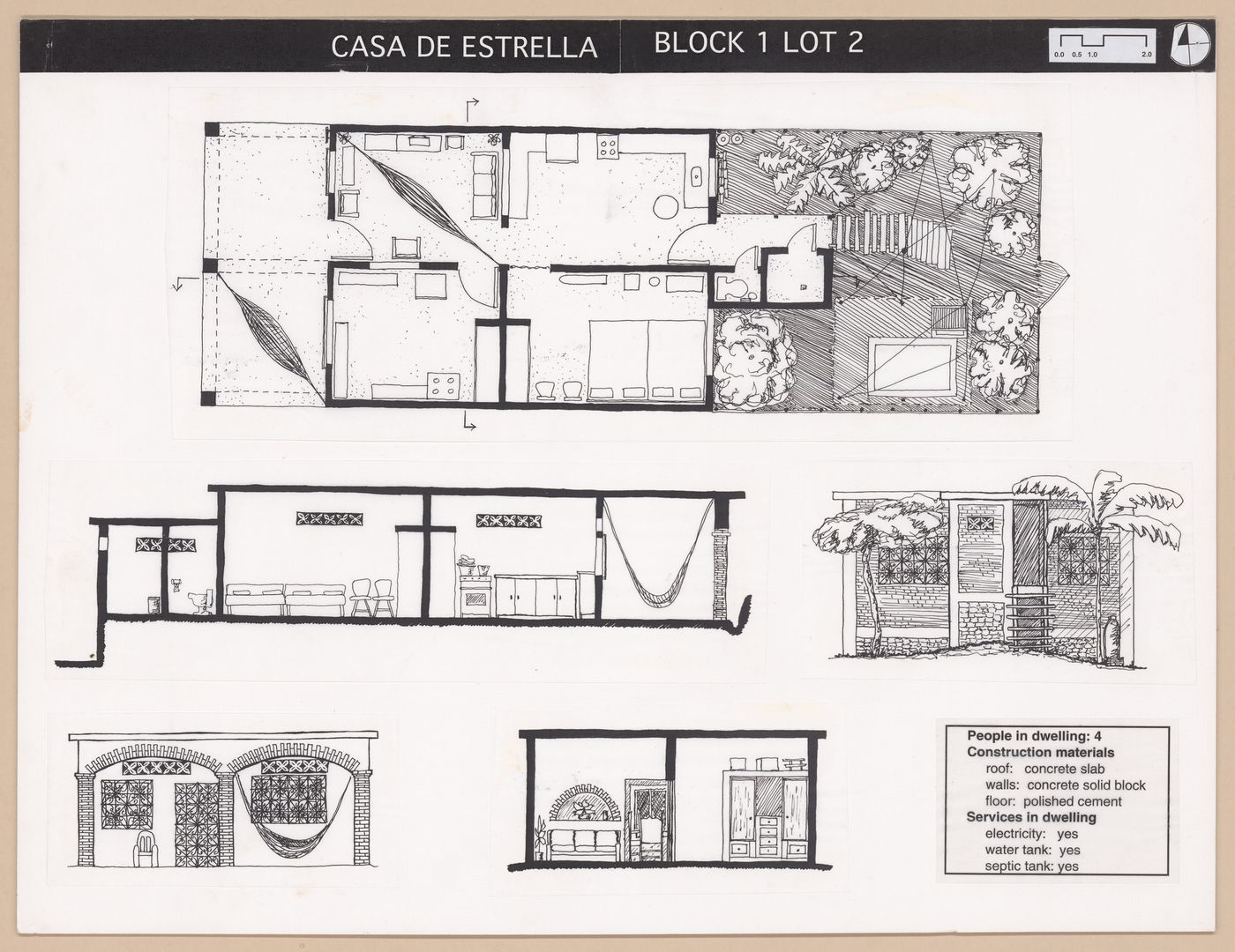 Presentation panel with floor plan, sections, and elevations of Casa de Estrella for the Urban Upgrading project La Esperanza, in Zihuatanejo, Mexico