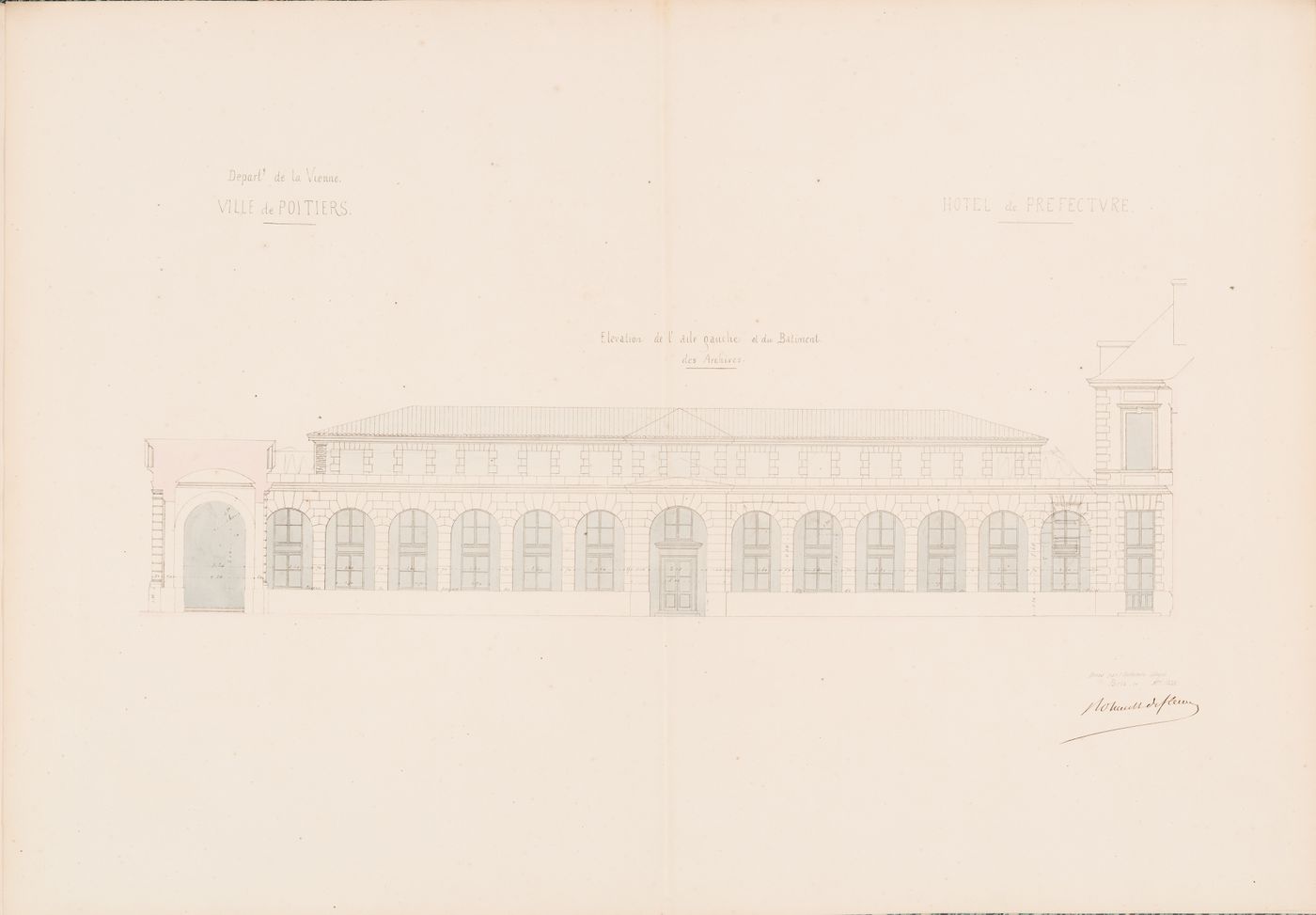 Project for a Hôtel de préfecture, Poitiers: Elevation for the principal façades of the offices and the Archives building