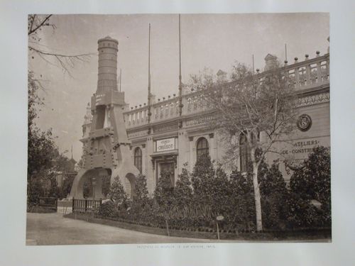 View of the Schneider Pavilion in the Parc du Champ de Mars showing a wooden model of the Creusot Steam Hammer, Paris Universal Exposition of 1878, France