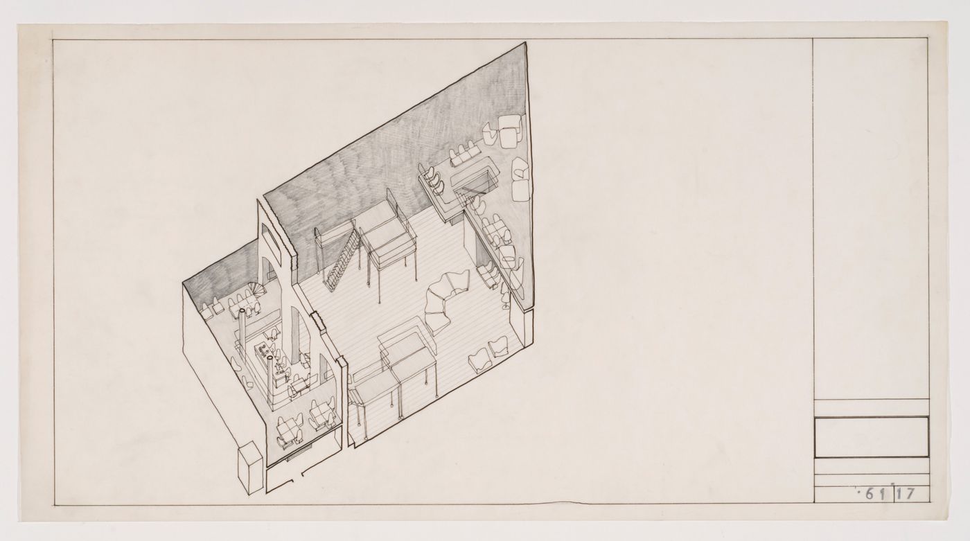 Axonometric interior view with furniture, Donmar Theatre, London