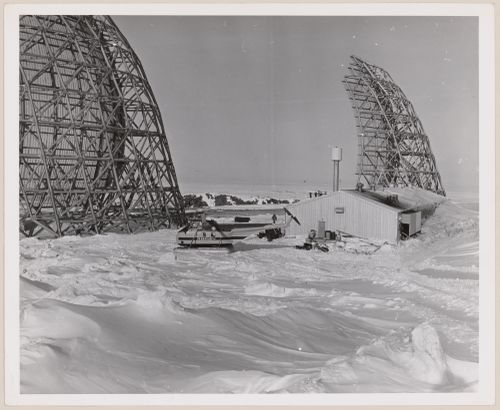 View of DEW Drop troposcatter telecommunication system, Cape Dyer, Nunavut, Canada