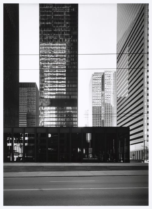 Exterior view of the Toronto-Dominion Bank Pavilion, the Toronto-Dominion Bank Tower and the Royal Trust Tower at 6:30 p.m., Toronto