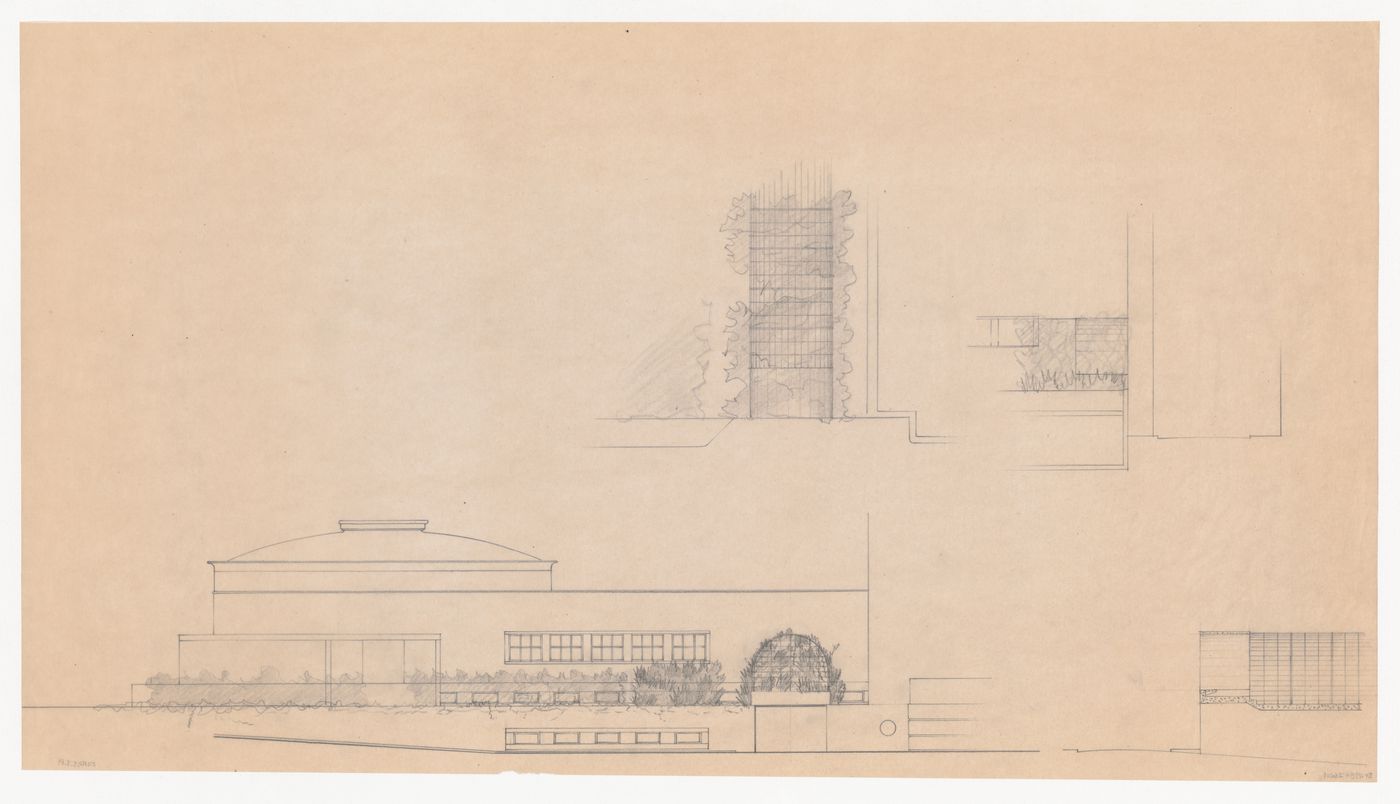 Partial elevations and partial sections for an addition for the Shell Building, The Hague, Netherlands