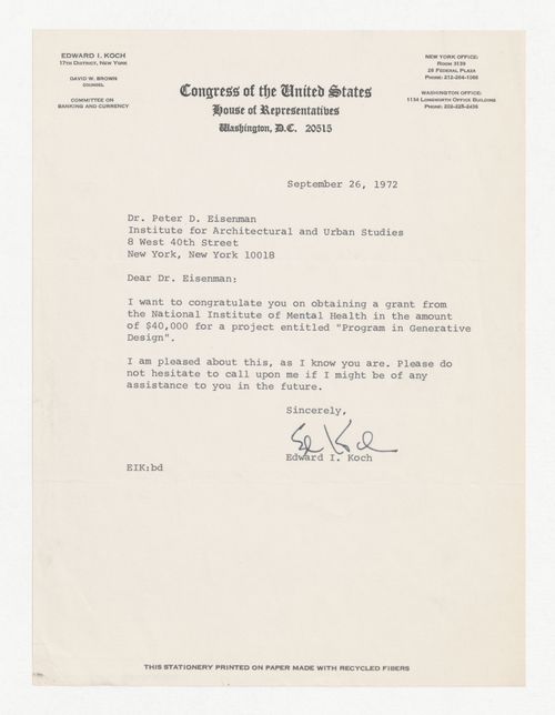 Letter from Edward I. Koch to Peter D. Eisenman congratulating IAUS for a grant of the National Institute of Mental Health (NIMH)