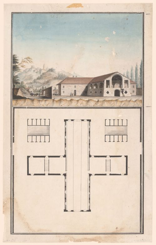Plan and perspective view for a two-storey barn in the Italian countryside