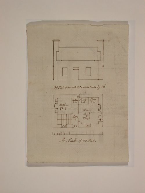 Ground plan and elevation for a house; verso: Roof elevations for a house
