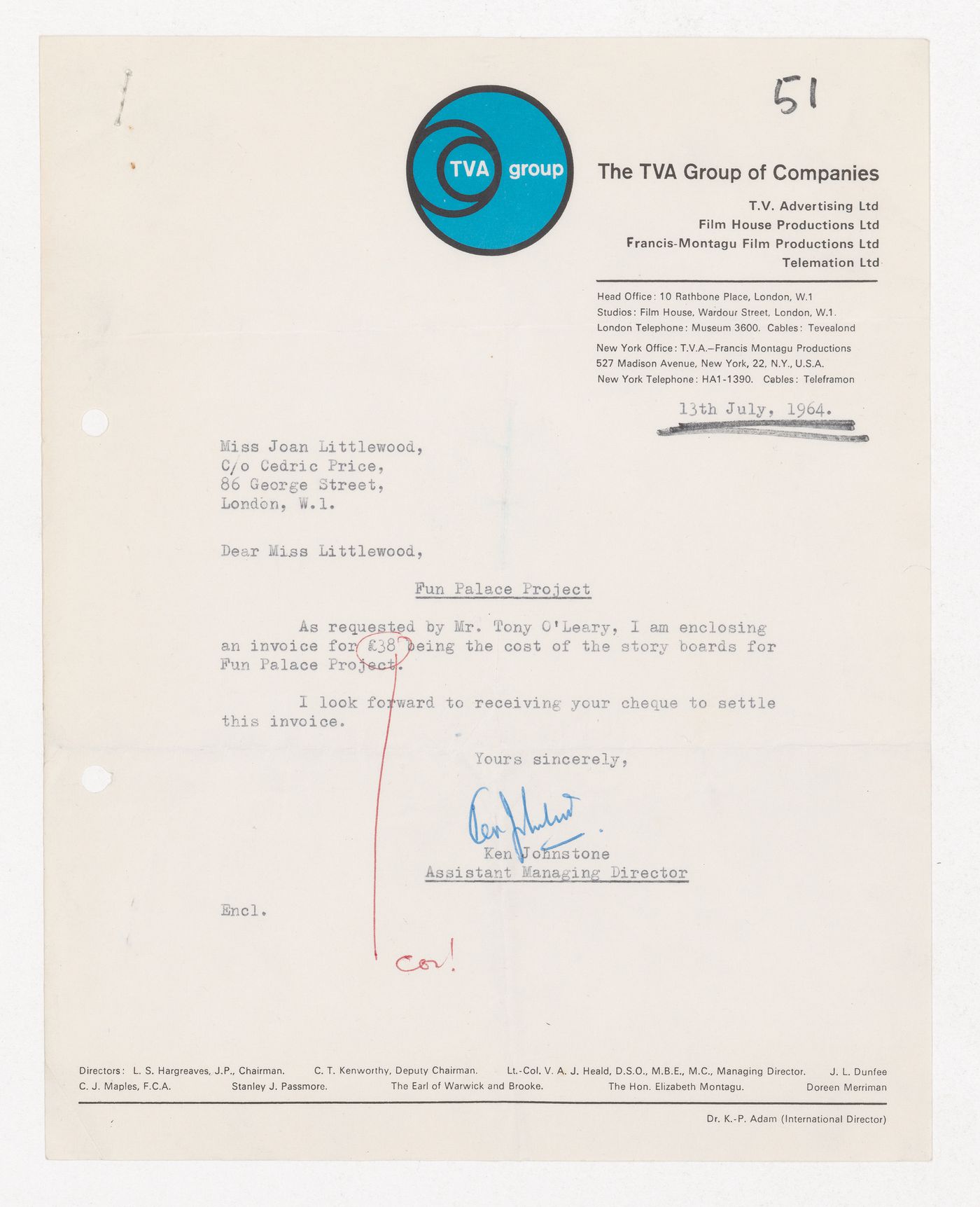 Letter from Ken Johnstone of The TVA Group of Companies to Joan Littlewood regarding payment for storyboards for Fun Palace Project film, with accompanying invoice