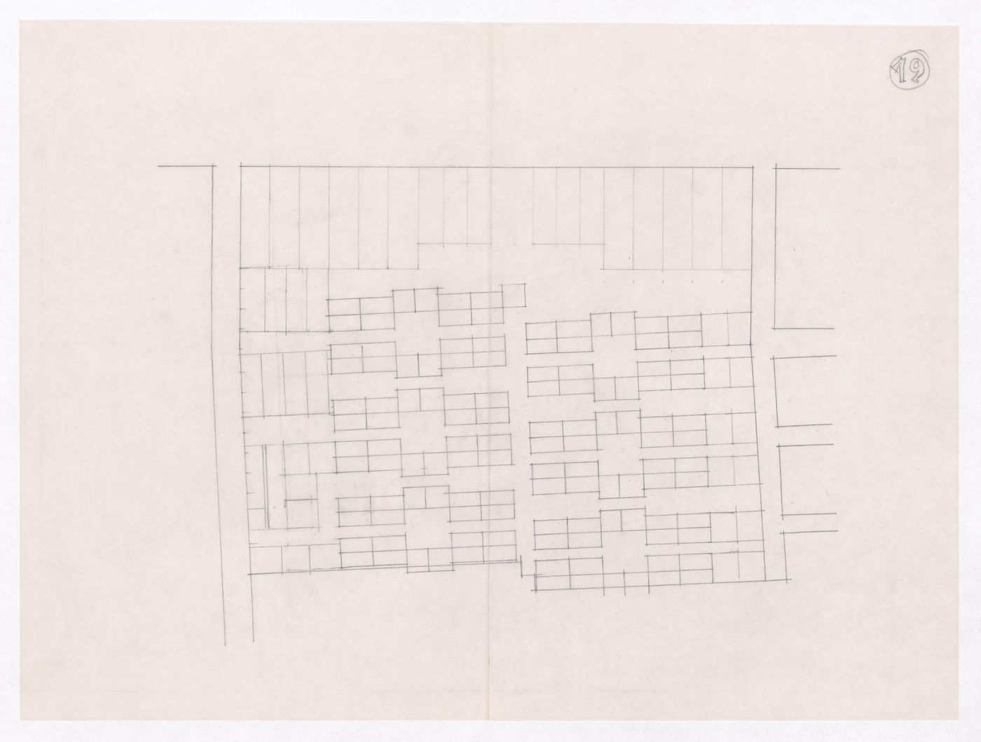 Sketch showing plots layout development for Minimum Cost Housing Group's plot in Aranya township, India, for Aranya Housing Project