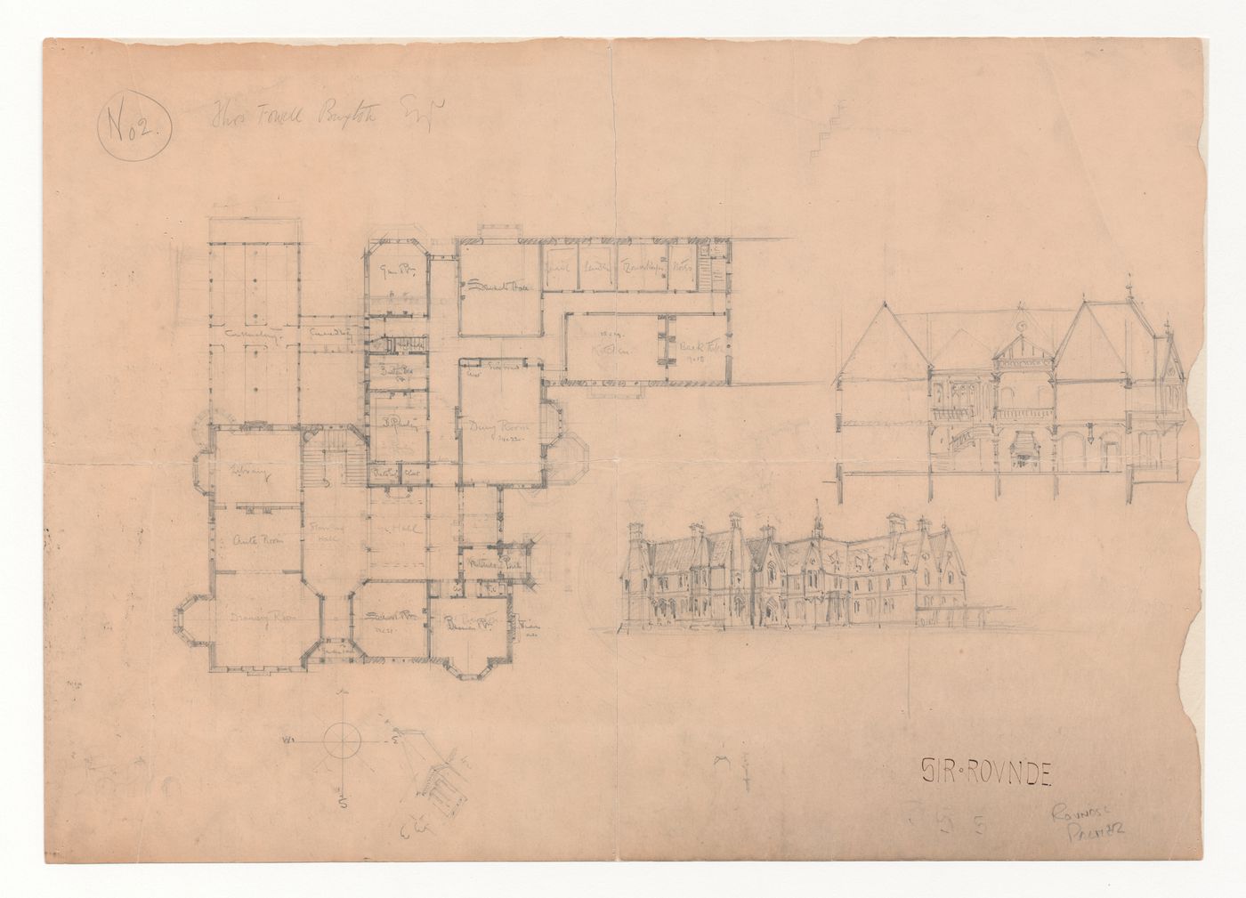 Easneye, House for Thomas Fowell Buxton: Plan perspective and section