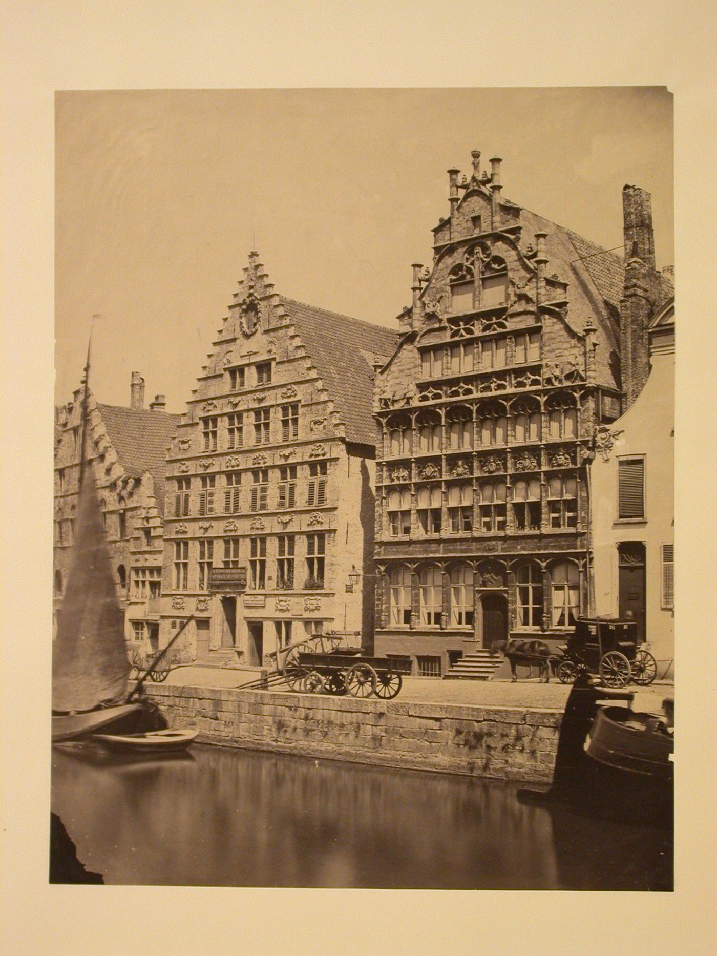 View of Guild House of the Free Boatmen with boats in the foreground, Graslei, Ghent, Belgium