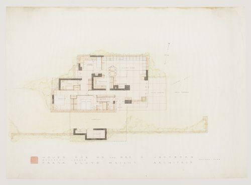 Revised ground floor plan annotated with alterations for the 1949 design for the Mr. & Mrs. George Jacobsen House, Hudson, Québec
