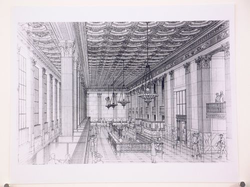 Photograph of an interior perspective drawing for or of the banking hall of the First National Bank Building, Detroit, Michigan