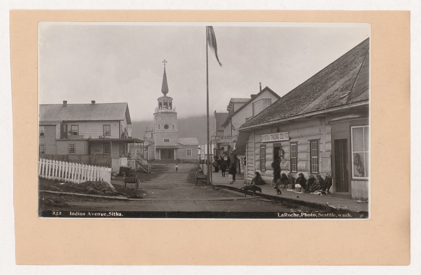 View of Tlingit women selling goods outside the Sitka Trading Company on Lincoln Street, Sitka, Alaska, United States