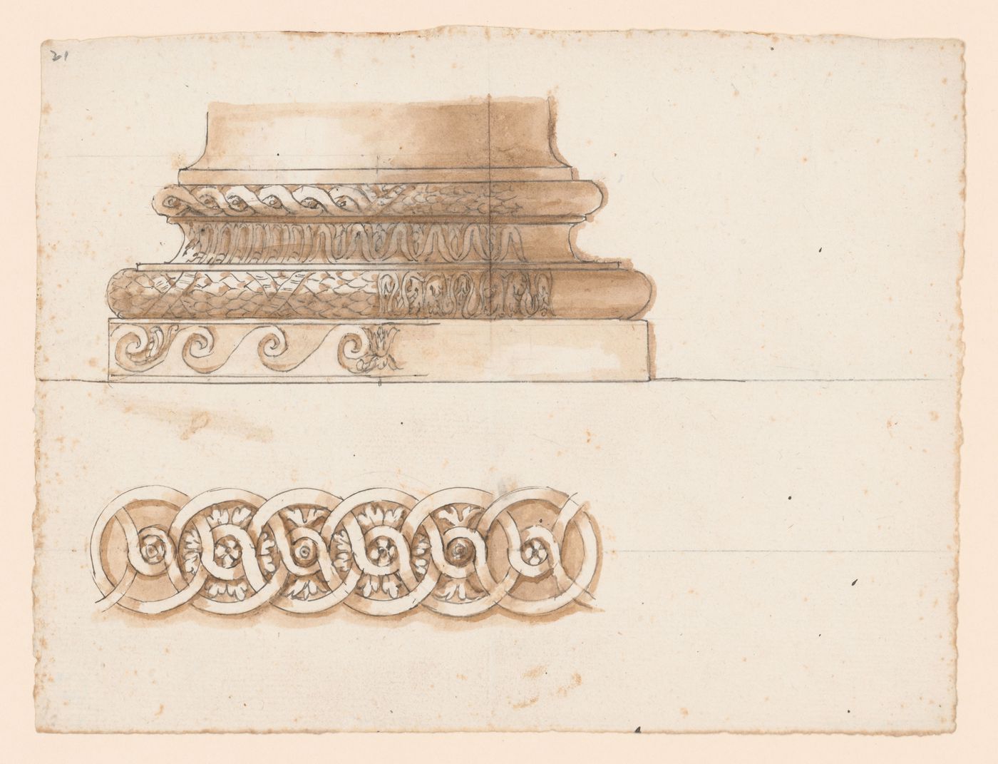 Elevations for the base of a column and for a band of scrollwork