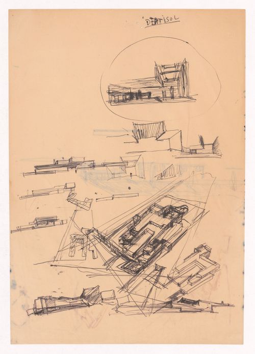 Sketch section and axonometric views for Habitação A. Felgueiras, Porto, Portugal