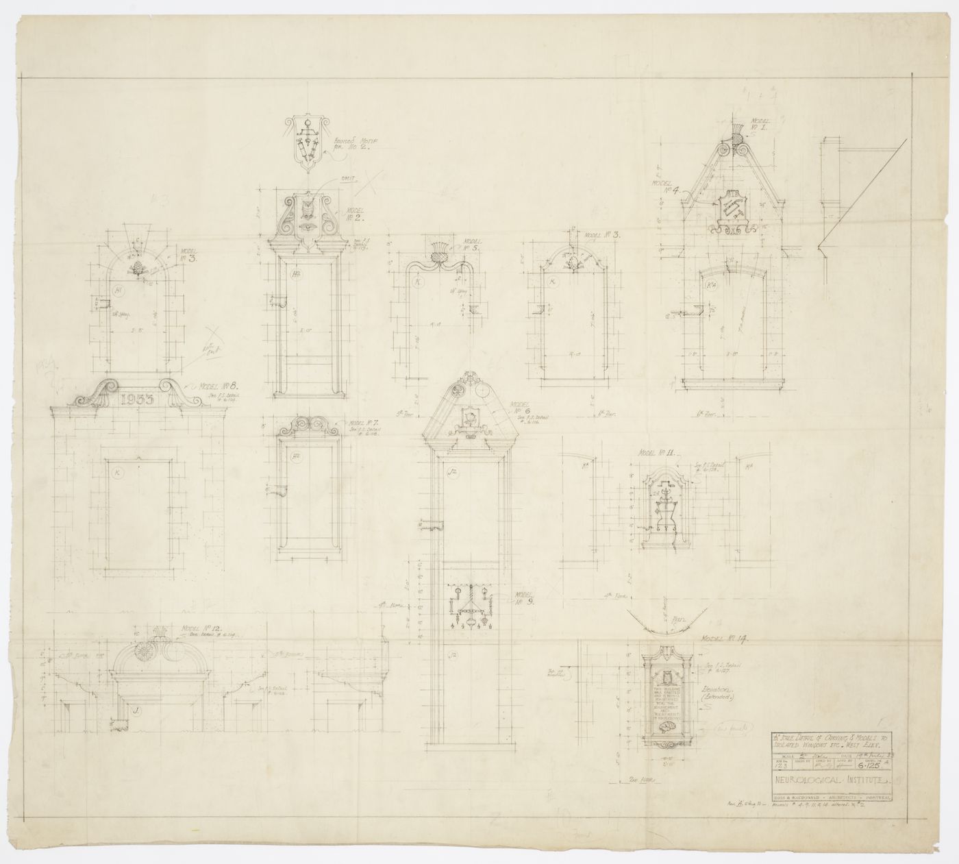 Montréal Neurological Institute, Montréal, Québec: detail drawing for carving and models to isolated windows on west elevation