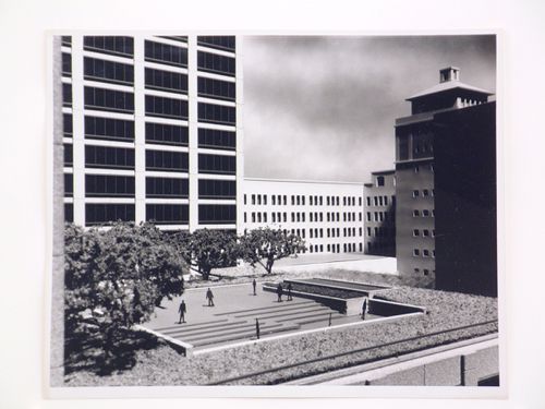 View of the upper level courtyard of the model of the One Market Plaza building, San Francisco, California, United States