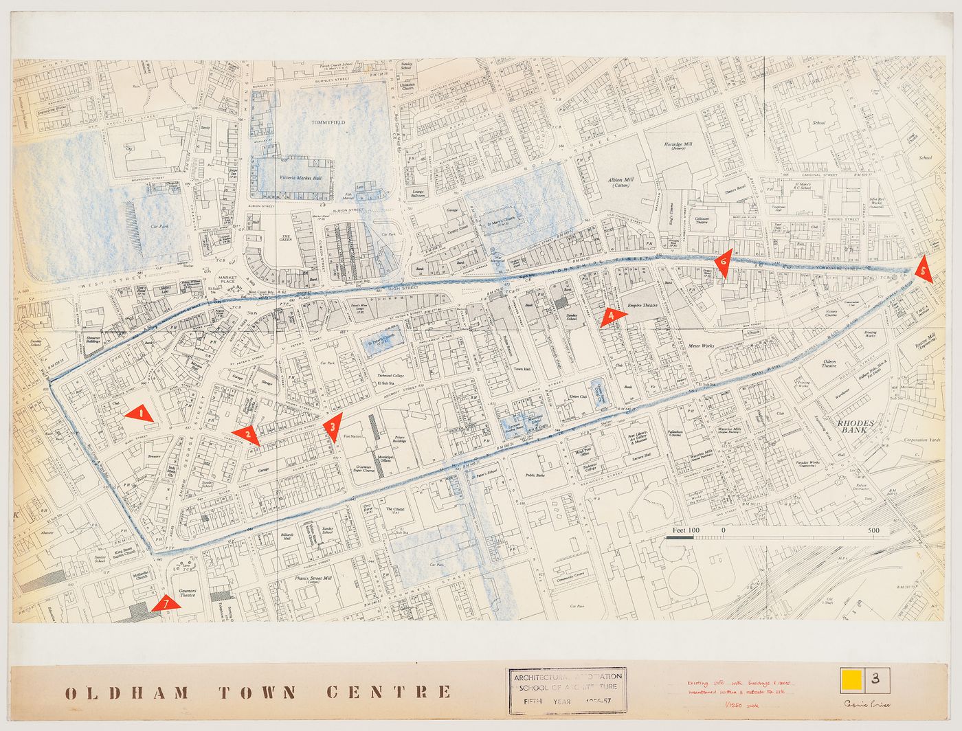 Presentation panel for Oldham Town Centre project showing existing site with buildings and areas maintained within and outside the site