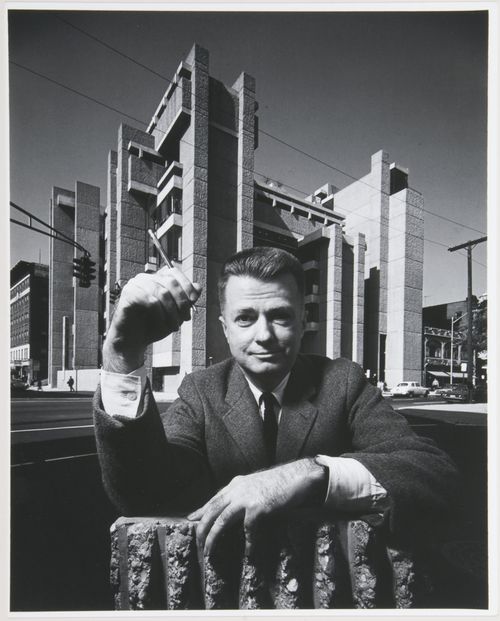Portrait of Paul Rudolph with the School of Art and Architecture, in the background,  Yale University, New Haven, Connecticut