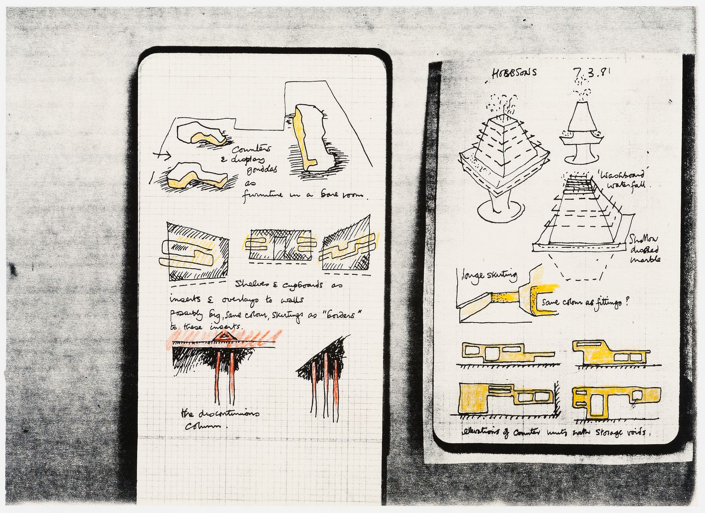 Renovations to Hobbs Food Shop, 29 South Audley Street, London, England (project): sketches for display counters, shelves, cupboards and decorative elements