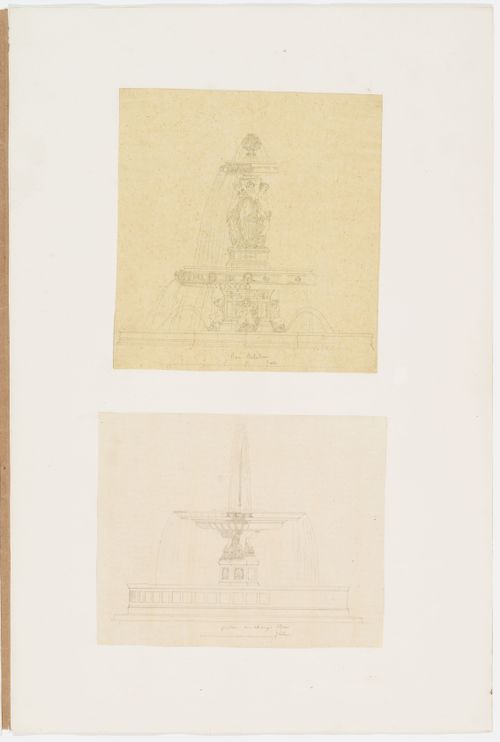 Exterior elevation of the Fontaine Louvois, Paris, showing three of the four female statues personifying the main rivers of France: la Seine, la Garonne, and le Rhone or la Saone; Exterior elevation of the Fontaine des Champs-Élysées, Paris