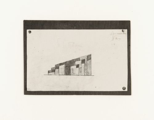 Photograph of a student drawing by B. Umanovich [?] on the topic "Construction of Frontal Surface Based on Vertical,  Horizontal and Inclined Combination of Two or More Rhythmical Rows" for the "Space" course at the Vkhutemas, Moscow