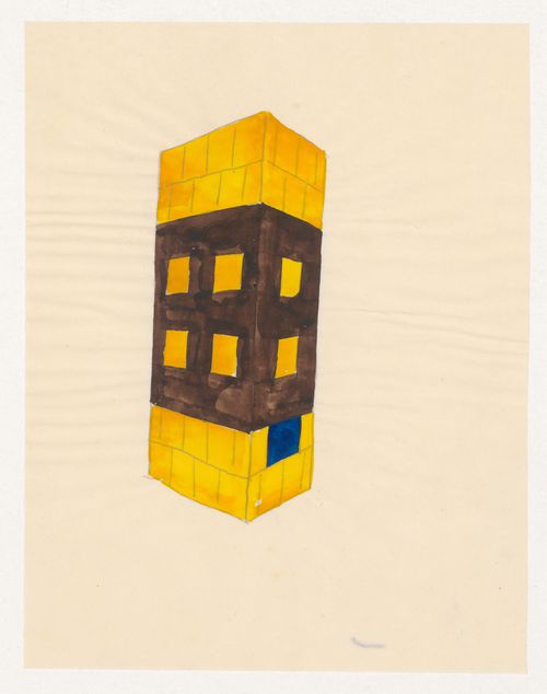 Perspective sketch for a yellow and brown tiled stove