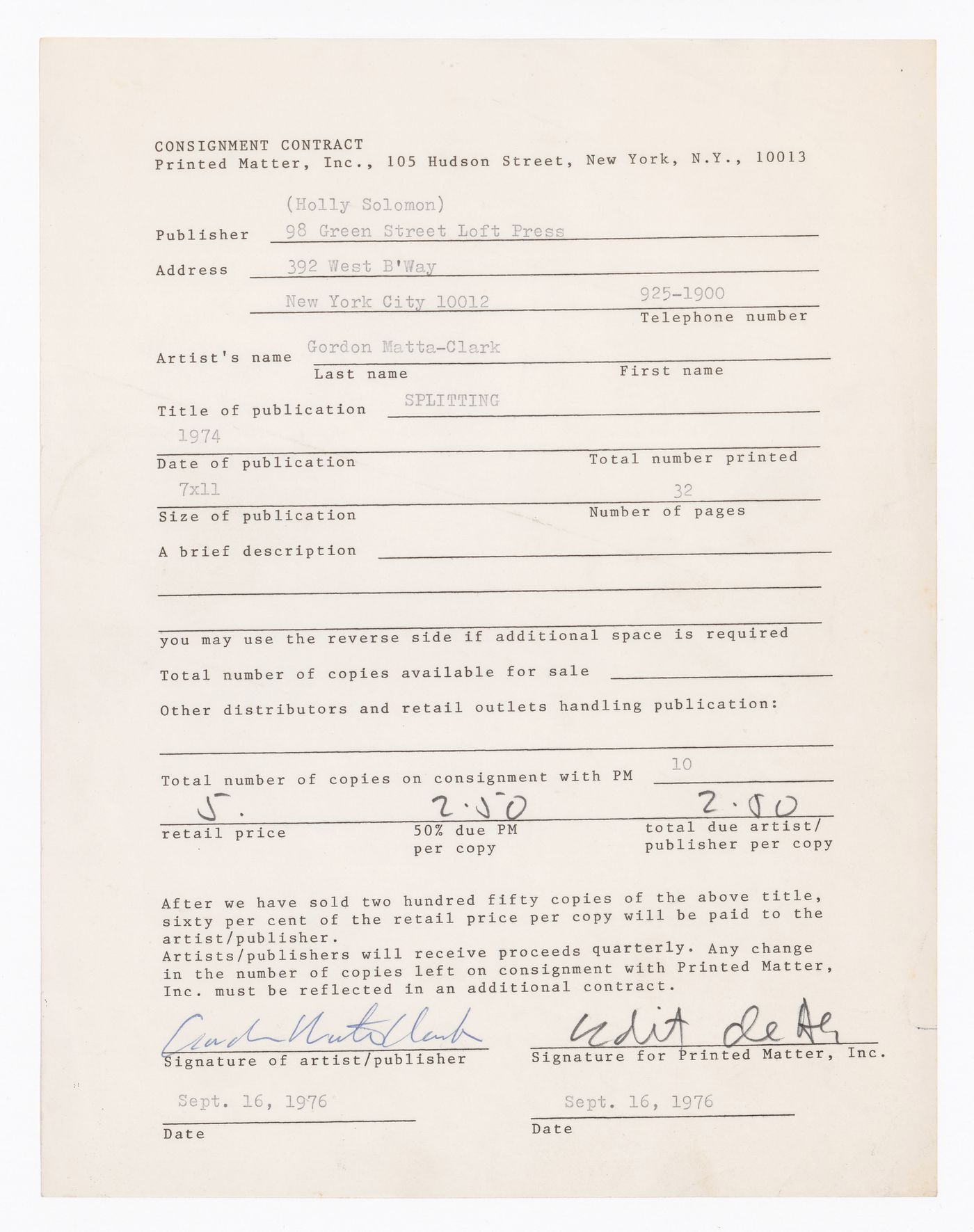 Consignment contract for the publication "Splitting"