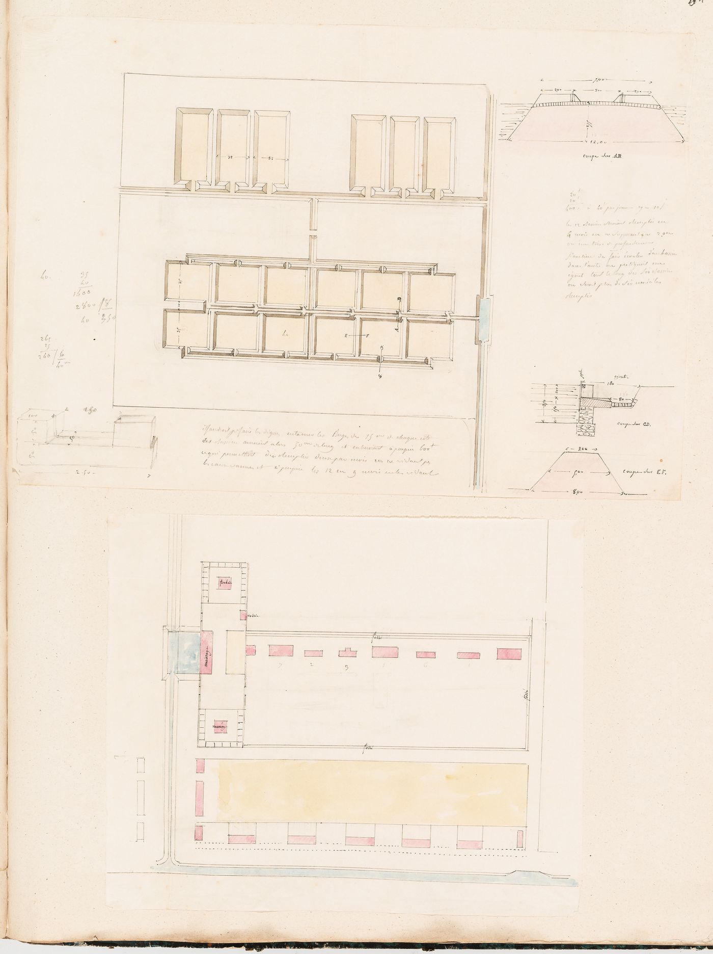 Project for Clos d'équarrissage, fôret de Bondy: Plan and sections, probably showing the system of canals and basins comprising the "voiries"