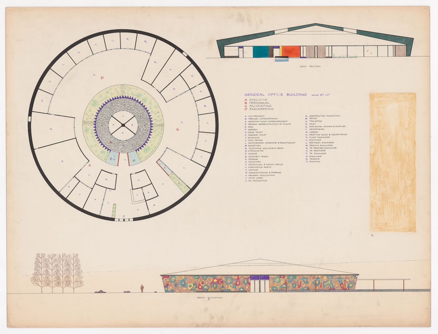 Plan, elevation and section for Administrative Buildings for a Petroleum Refining Plant