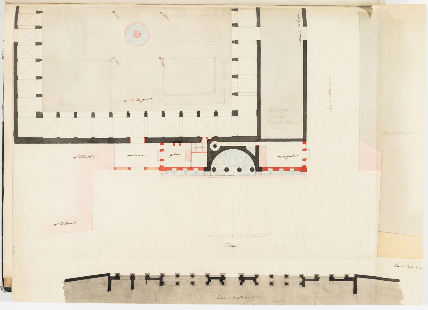 Project for the redevelopment of the École de médecine and surrounding area, Paris: Partial plan for the Clinique de médecine showing the fountain