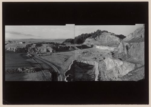 Panoramic composite photograph of the San Rafael Rock Quarry with San Francisco Bay in the background, Point San Pedro, San Rafael, Marin County, California, United States