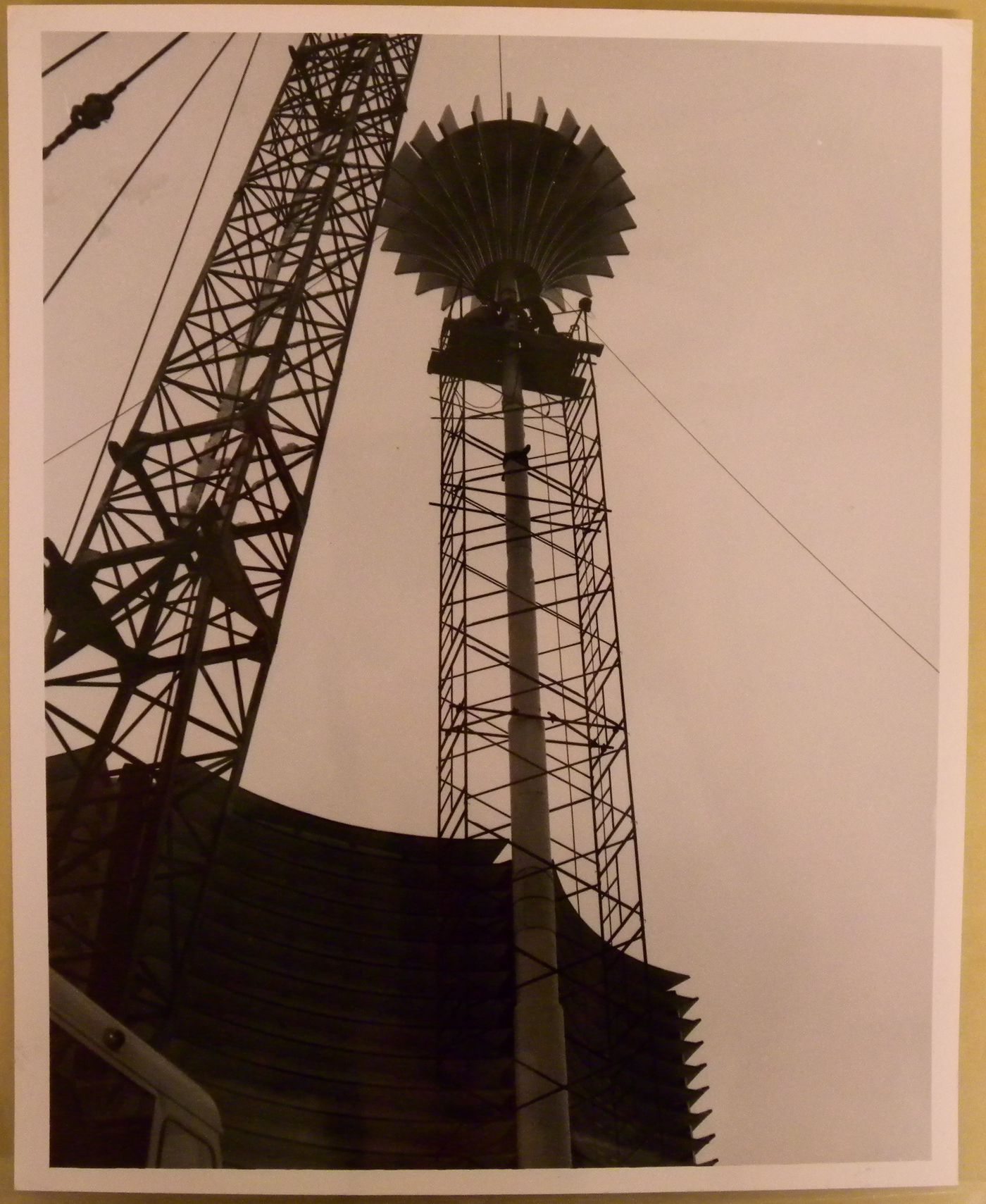 View of the elevated light feature of the Canadian Pacific-Cominco Pavilion at its construction stage, Expo 67, Montréal, Québec