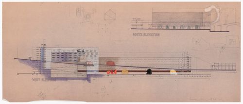 South and west elevations with sketches for Pahlavi National Library Competition, Tehran, Iran