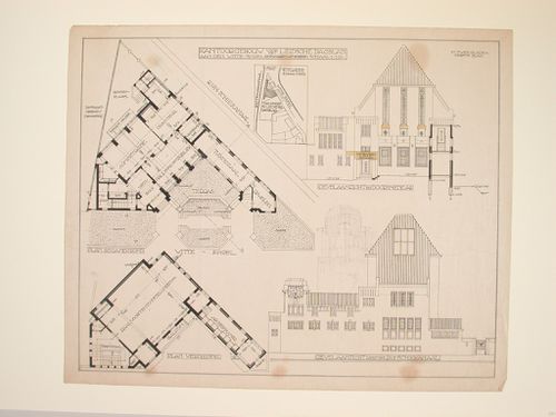Plans, section, elevation and partial sketch perspective for the Leidsch Dagblad Building, Leiden, Netherlands