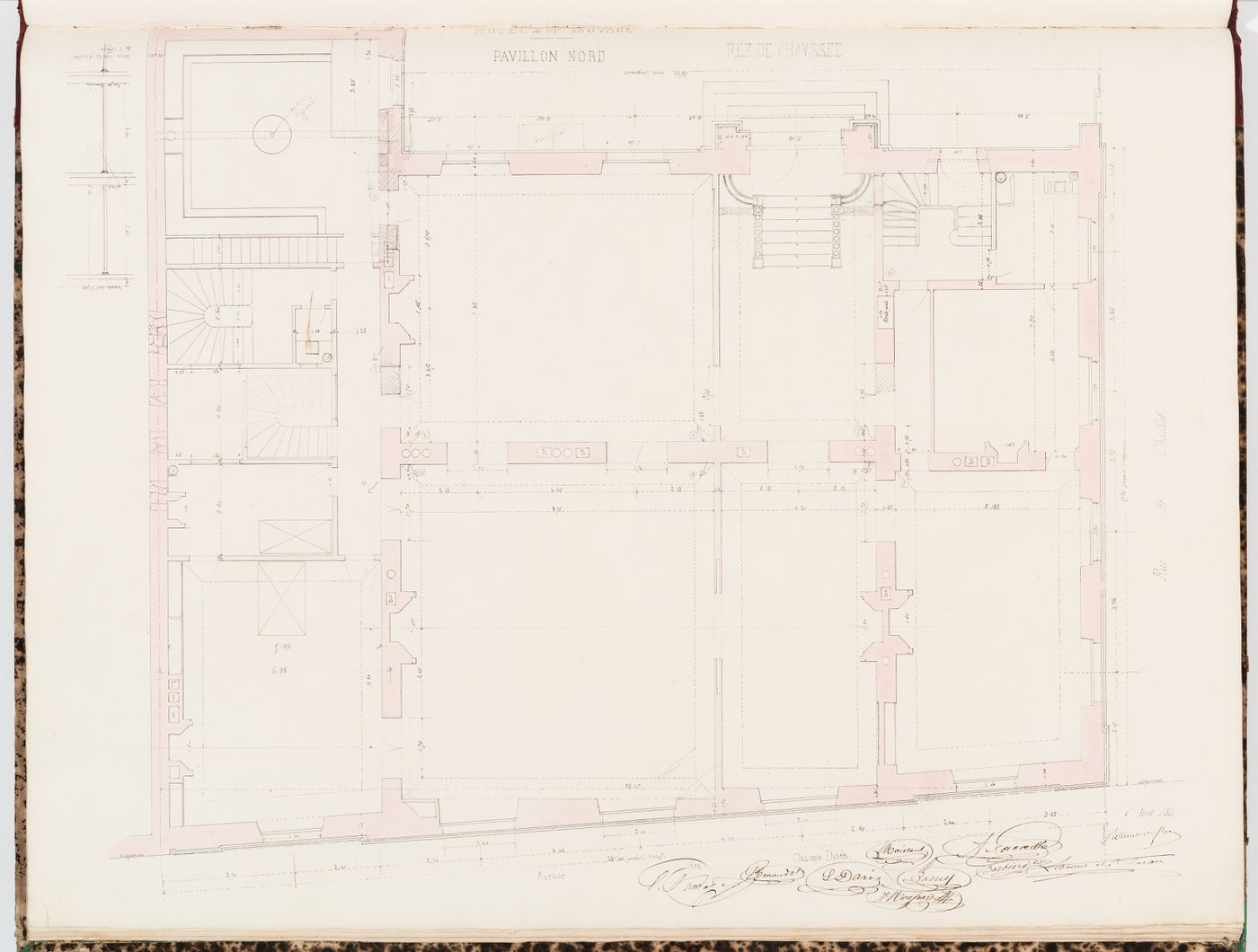 Ground floor plan for the "pavillon nord", including a detail of the "plancher de l'office" for Hôtel Sauvage, Paris