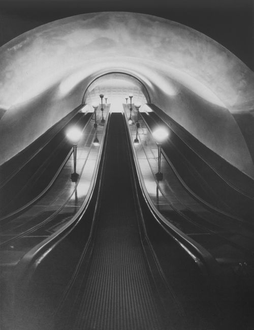Interior view of Dzerzhinskaya Square subway station escalators, Moscow